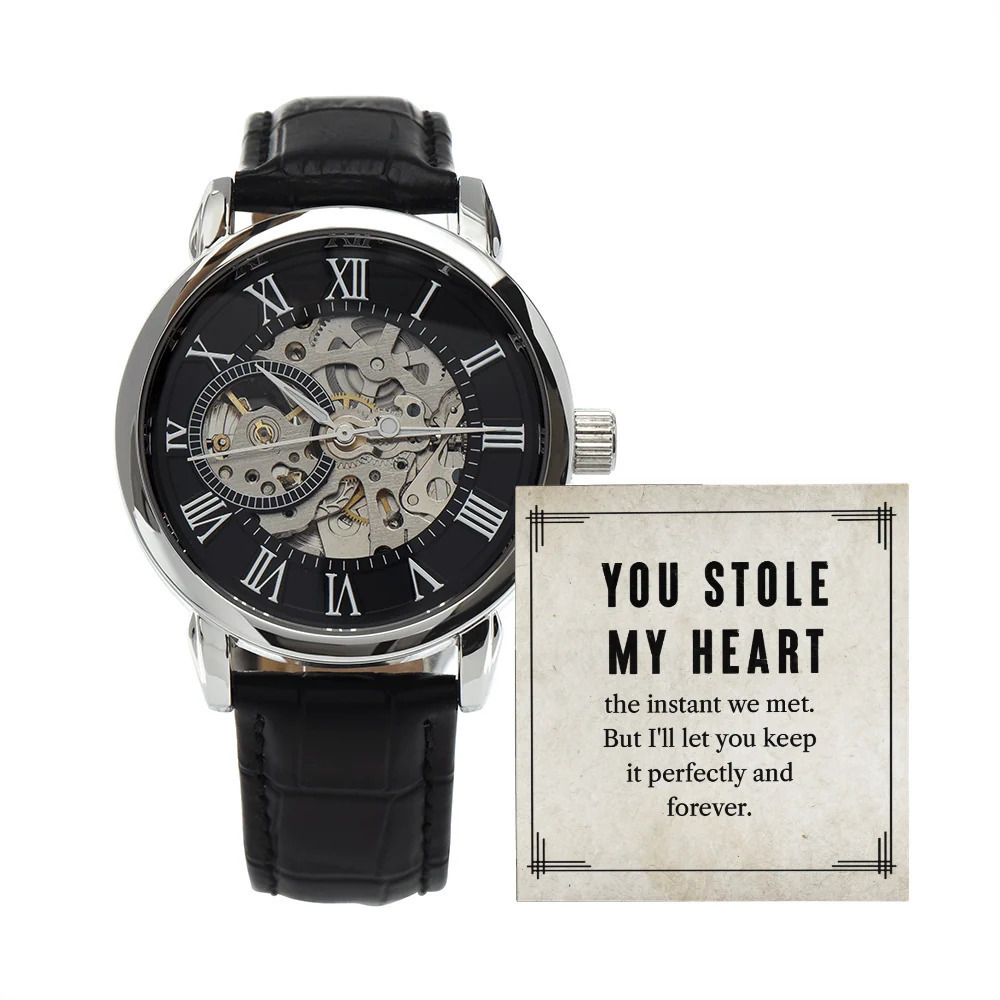My Man You Stole My Heart Men's Openwork Skeleton Automatic Watch Message Card
